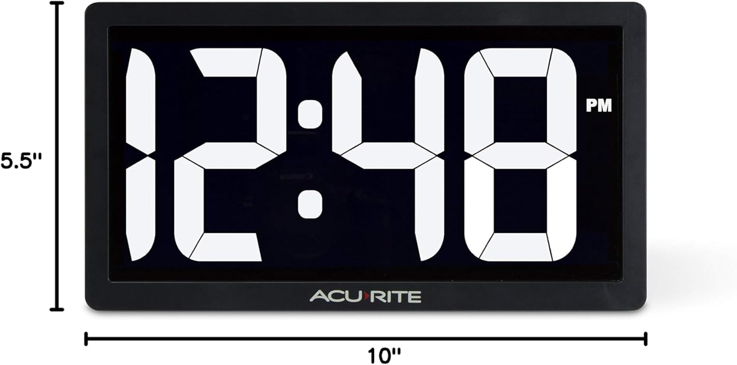 AcuRite 75114M clock with dimensions labeled as 10 inches wide and 5.5 inches high.