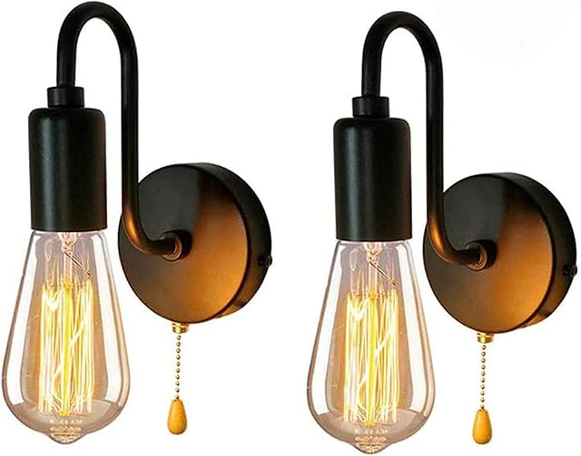 E27 Black Vintage Wall Lamp Light with Pull Cord Switch, Metal Iron Wall Sconce Light Fixture Industrial Retro Wall Wash Lights for Restaurant Living Room Bedroom Office Cafe Indoor Lamp, 2 Pack