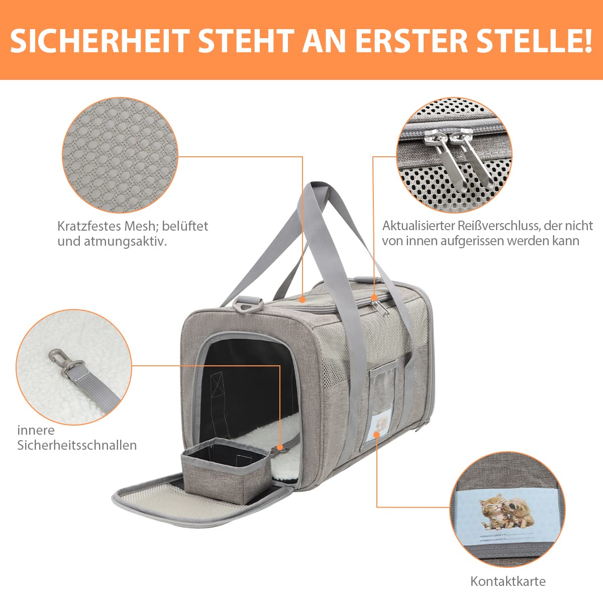 Vailge Transporttasche für Mittlere Katze Kleine Hunde Haustiere bis 6kg/13lbs, inkl. Napf und Schultergurt, Für Tierarztbesuche und Reisen, Airline Zugelassen(Grau, Medium)