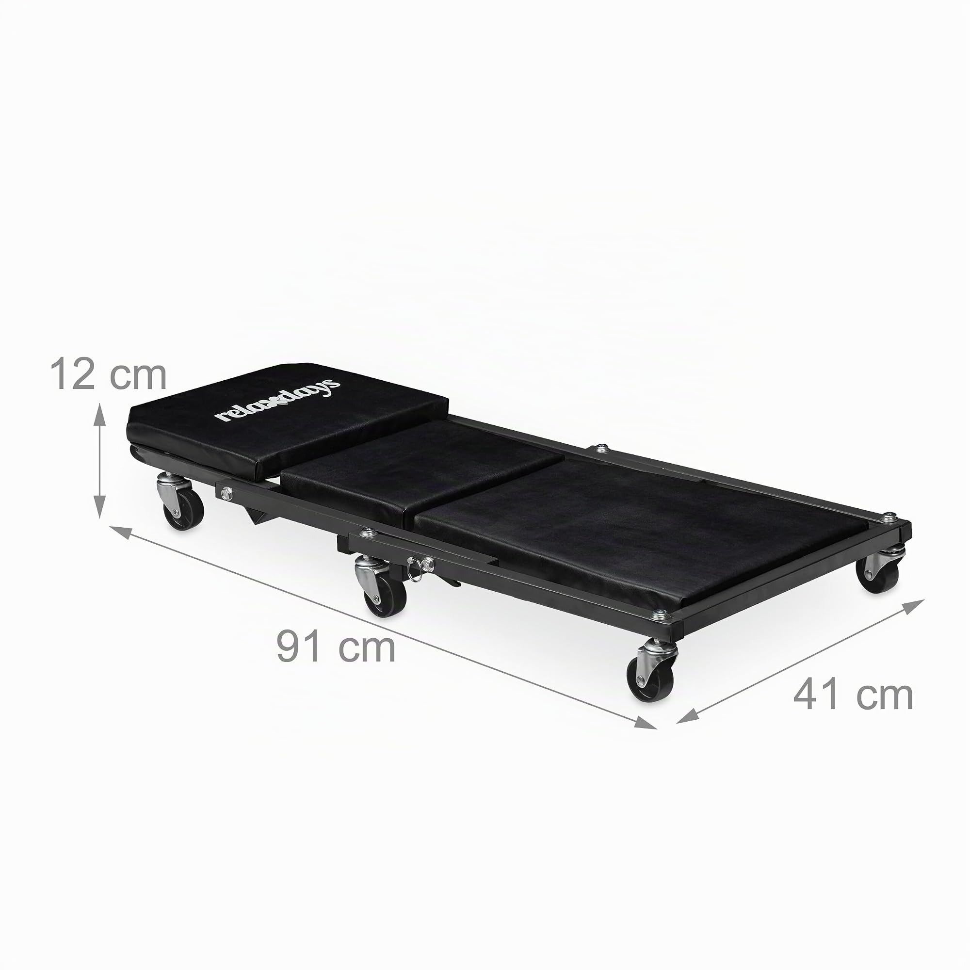 Relaxdays Camilla de Mecánico con Ruedas, Resiste 150 kg, Taburete Taller 2 en 1, Plegable, Giro 360º, para Coche, Negro