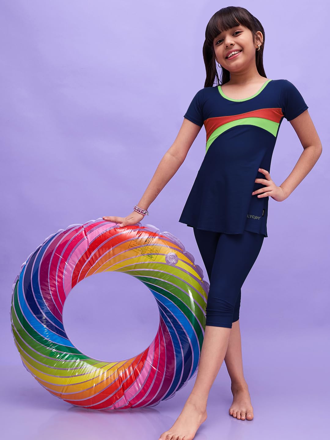 LYCOT Nylon A-Line Half Sleeves and 3/4 Tight Pant Swimwear for Girl's - Navy -2 4