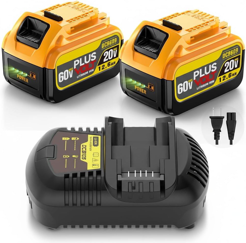 12.6Ah 20V/60V FLEX MAX Compatible with Dewalt Lithium Ion Battery and Charge Combo, with High Capacity Batteries 60 Volt Baterías DCB606 DCB609 DCB612 DCB615(2 Pack MAX 12.6Amp 60Volt Combo)