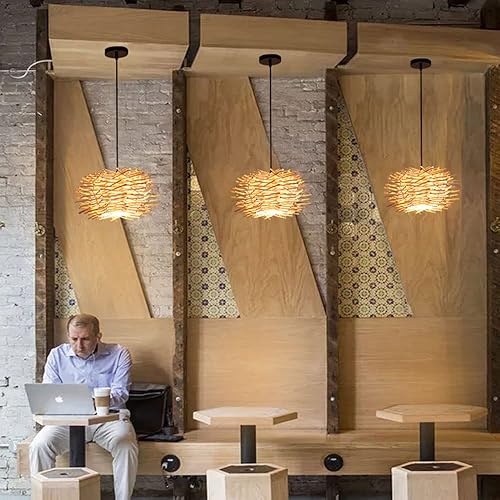 Miniatura 6 de CHENKUI Lámpara de arte de ratán vintage, lámpara de araña tejida hueca para cocina, lámpara colgante de techo tejida a mano, mimbre de bambú, cesta