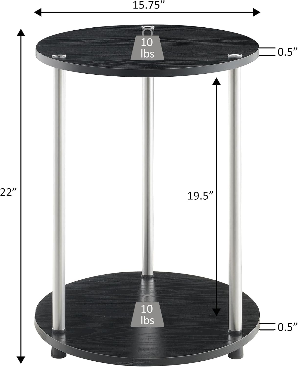 Pemberly Row Two-Tier Round End Table, 22 in Height, Stainless Steel and Faux Marble, White Finish, Modern Style, Compact Design, Living Room or Bathroom Accent Table