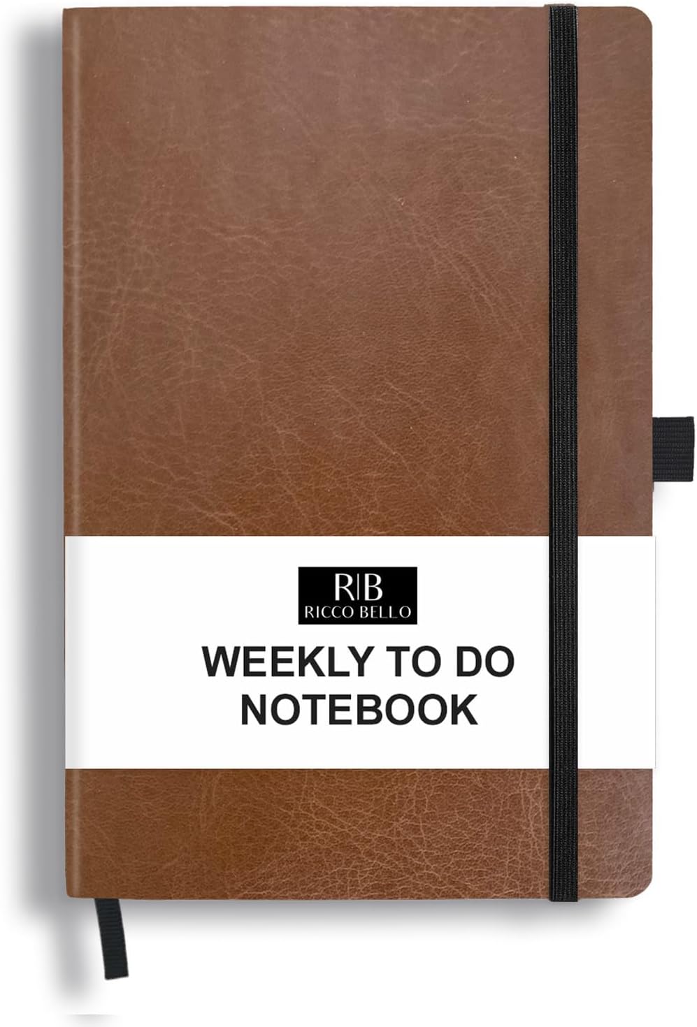 RICCO BELLO Undated Weekly Planner To Do Notebook | Faux Leather Hardcover, for Work, School, Home with Pen Holder, Bookmark, Band Closure, Storage Pocket, 5.7 x 8.4 Inches (Brown)