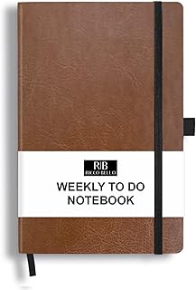 RICCO BELLO Undated Weekly Planner To Do Notebook | Faux Leather Hardcover, for Work, School, Home with Pen Holder, Bookmark, Band Closure, Storage Pocket, 5.7 x 8.4 Inches (Brown)