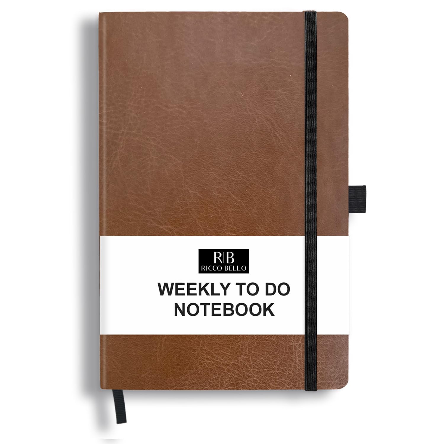 RICCO BELLO Undated Weekly Planner To Do Notebook | Faux Leather Hardcover, for Work, School, Home with Pen Holder, Bookmark, Band Closure, Storage Pocket, 5.7 x 8.4 Inches (Brown)