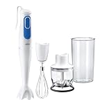Braun Hogar Batidora de mano, 2 velocidades, campana antisalpicaduras, 3 accesorios, minipicadora 350 ml, varillas, Blanco Y Azul, 700 W