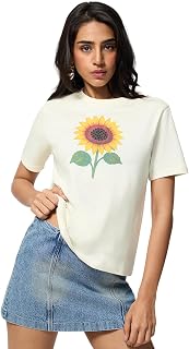 The Souled Store Sunflower Bloom: Women and Girls Short Sleeves Round Neck Off White Graphic Printed Cotton Relaxed Fit Li... Price In India