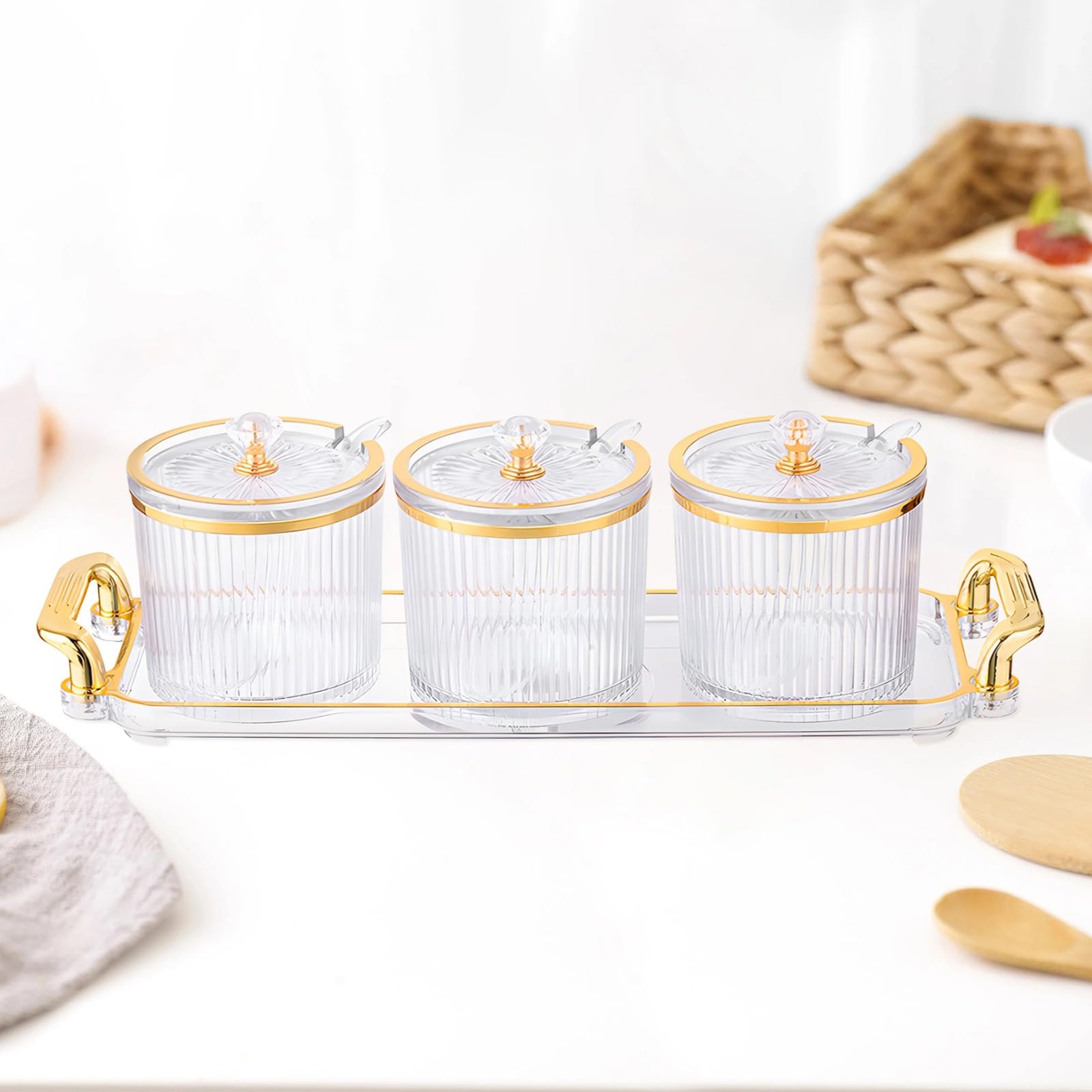 Ensemble organisateur d'assaisonnements de cuisine, 3 pots à épices avec couvercles, cuillères et plateau de service, boîtes à condiments en plastique transparent, pour sel, paprika, sucre