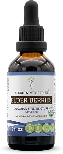 Secrets of the Tribe Elder Berries USDA Organic  Extracto sin alcohol, gotas de hierbas de alta potencia  Hecho de bayas de saúco 100% orgánicas