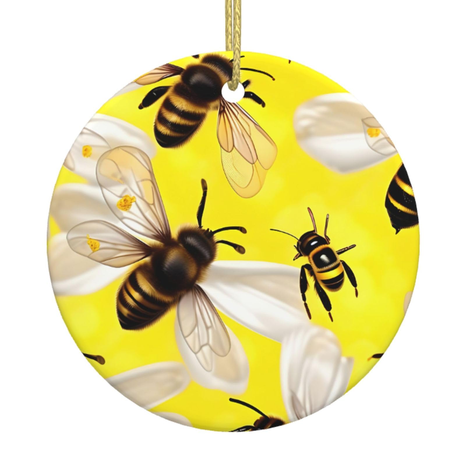 Flying Bees Daisy Honeys Print Christmas Ornaments, Ceramic Hanging Ornament, Round Shape Decorations