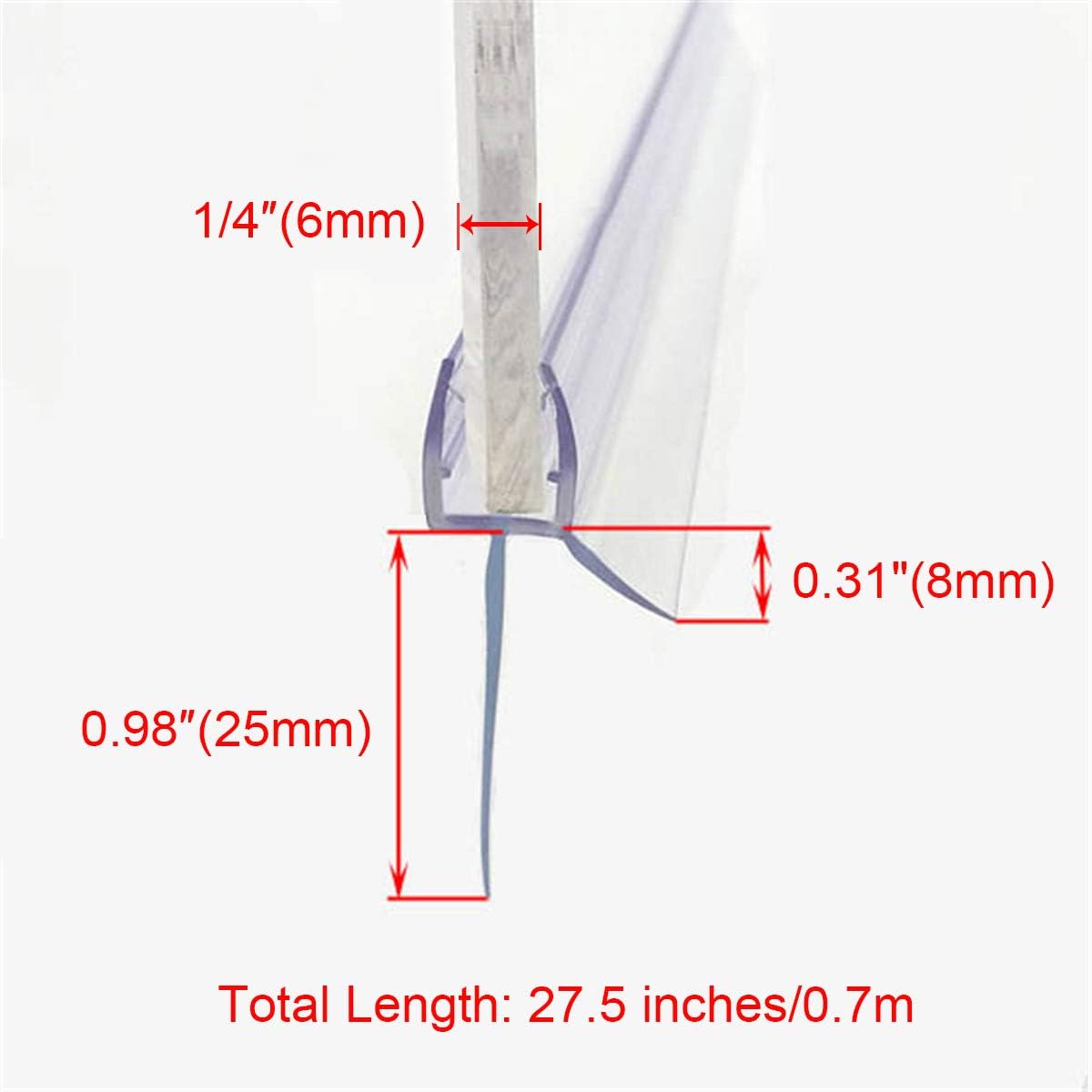 2Pcs Frameless Glass Door Bottom Gap Seal Strip for 1/4" Glass, 27.5" Long, Shower Room Sweep Stop Shower Leaking