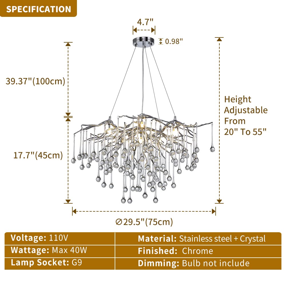 Modern Crystal Chandelier, Silver Raindrop Crystal Chandelier Chrome Round Tassel Lights for Dining Room Kitchen Island Living Room Entryway Dia 23.6"