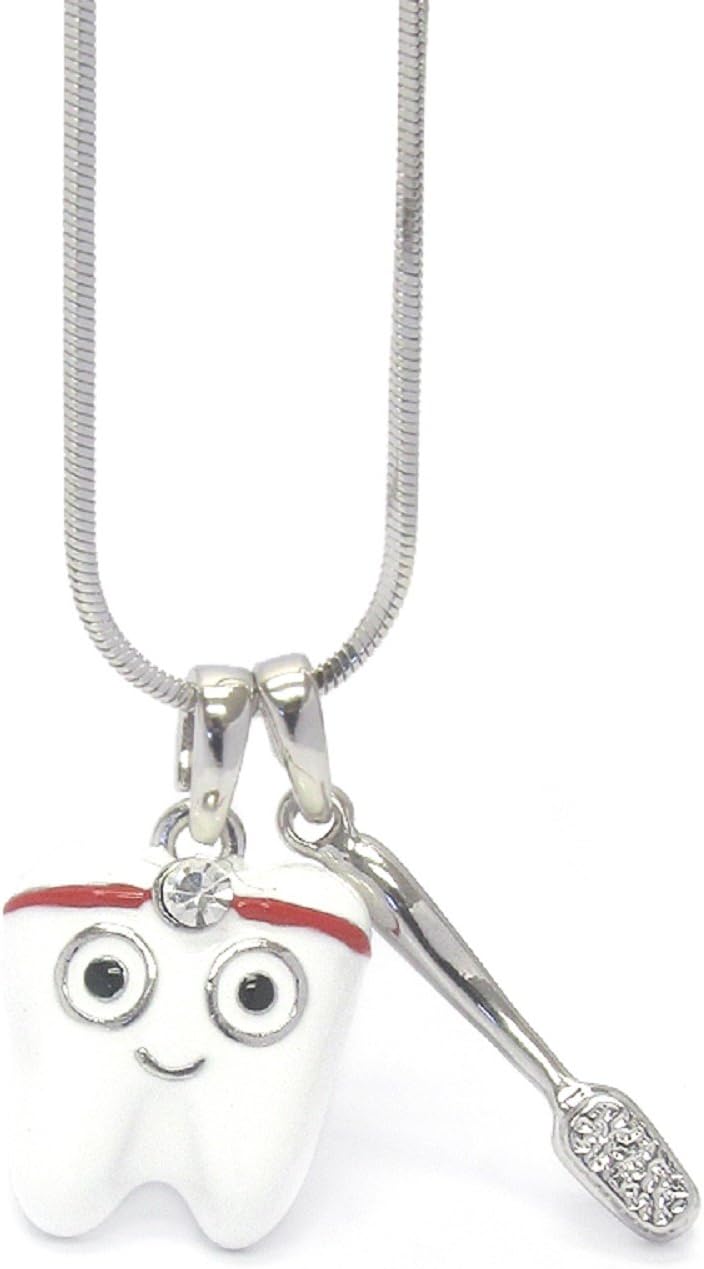 Dental Theme Charm Necklace Dental Hygienist Orthodontist Periodontist Silver and White w/Crystal