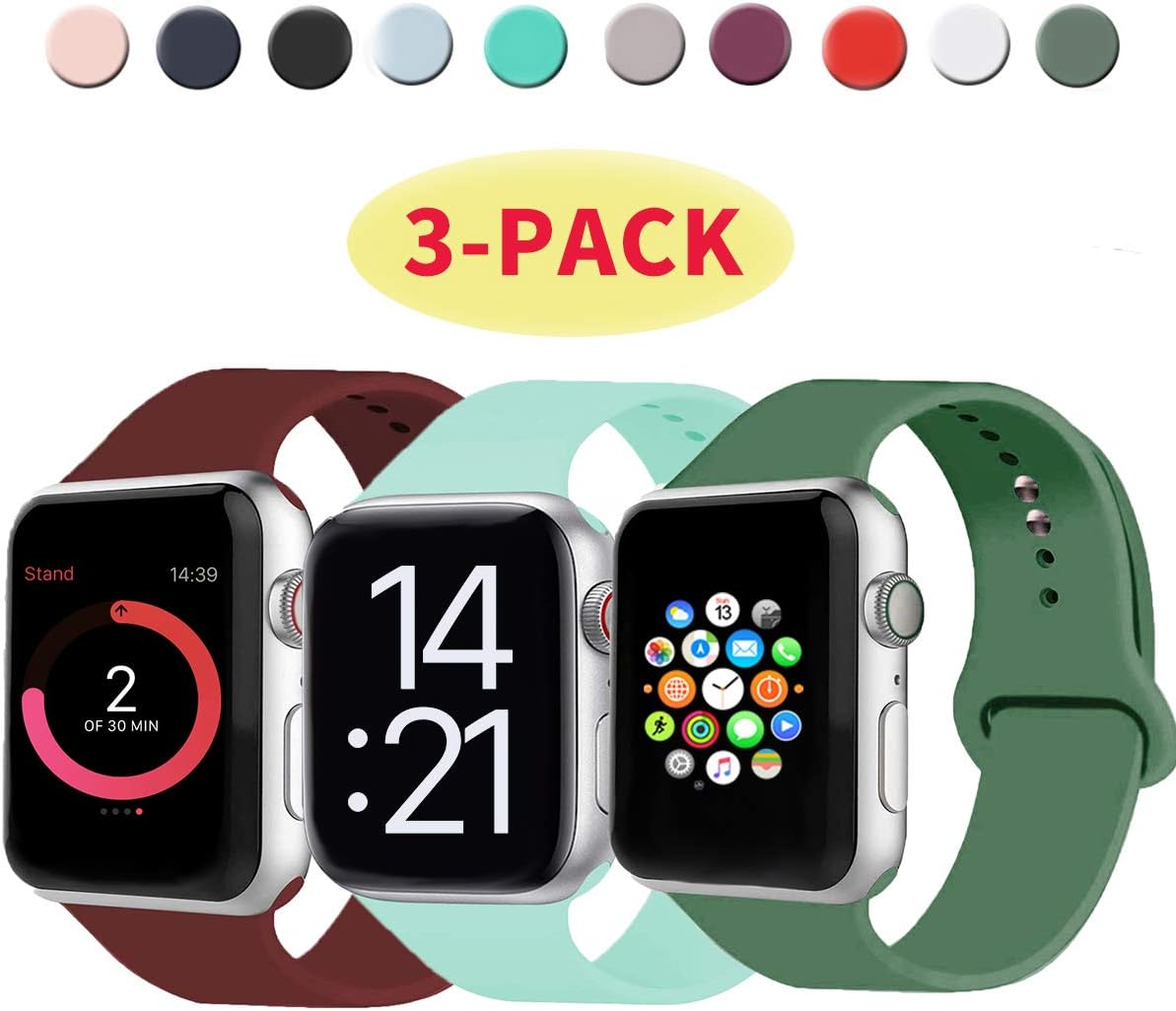 STBYSP 3 Pack Compatible with Apple Watch Band 38mm 40mm 42mm 44mm, Sport Band Replacement Wristband for iWatch Series 5/4/3/2/1, Soft Silicone for Women and Men