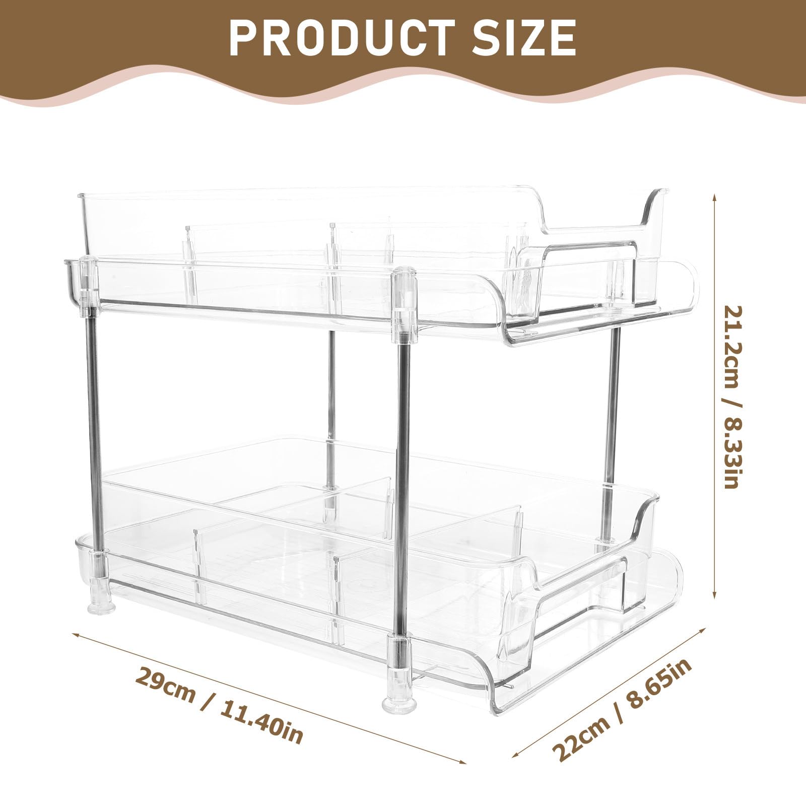 PACKOVE Organisateur en Pet et Acier Inoxydable, Grosse Capacité Transparent à Double Couche Tiroir Coulissant Étagère de Rangement Stable pour Cosmétiques Cuisine et Salle de Bain