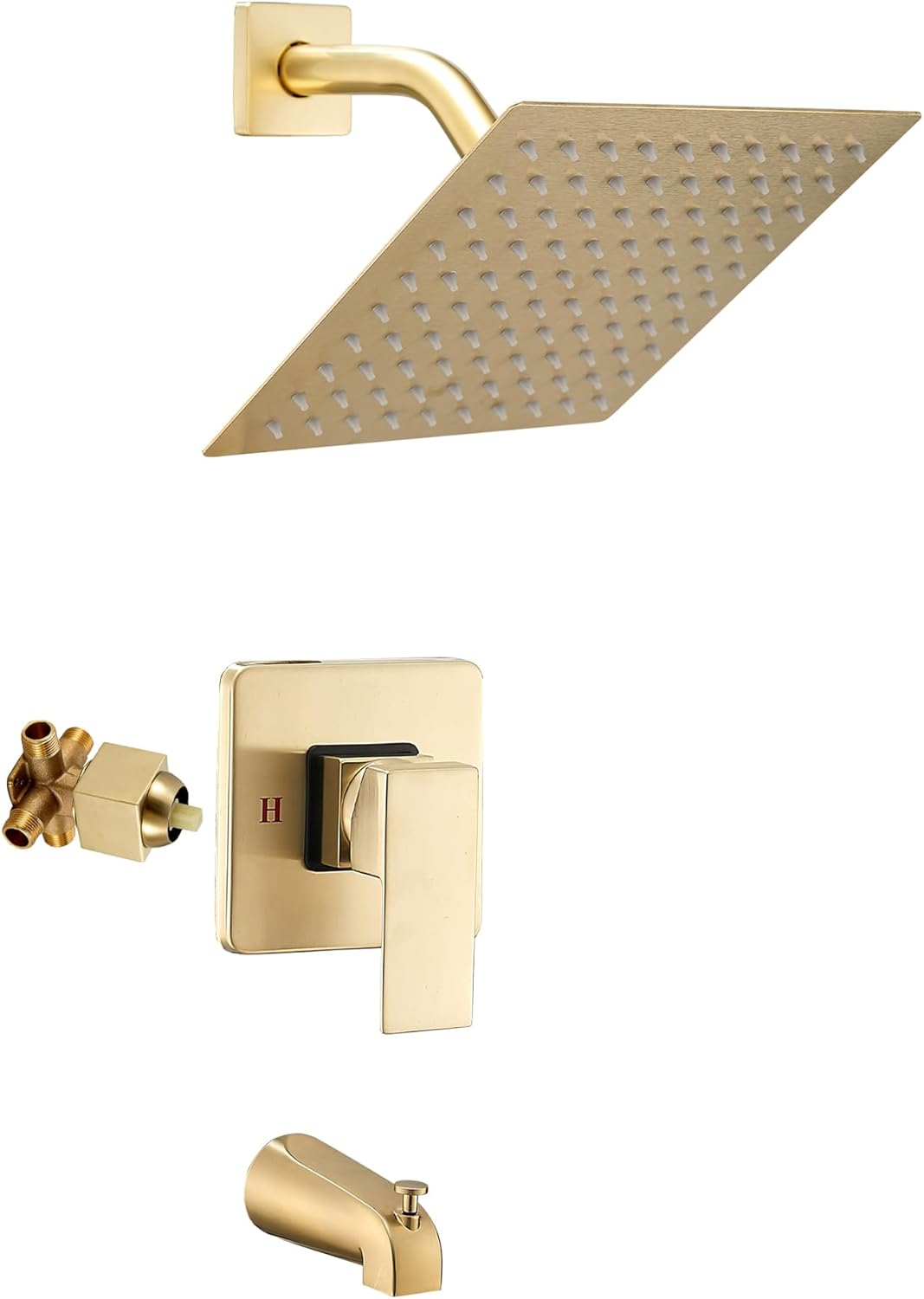 GGStudy Shower Faucet Set, Brushed Gold Tub Shower Faucet with 8 Inch Square Rainfall Shower Head and Tub Spout Shower Tub Faucet Set Complete Included Shower ValveTub Shower Trim Kit