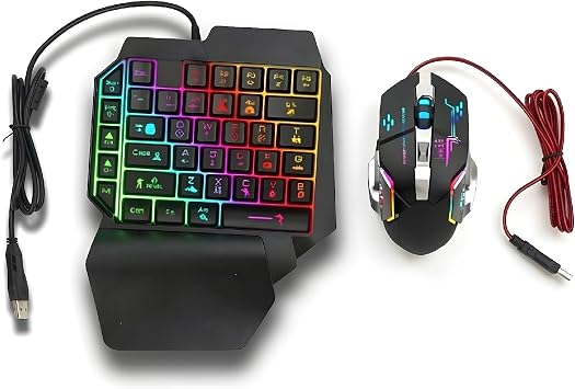 One Hand RGB Gaming Keyboard and Mouse Combo, Half Hand Gaming Keyboard Set, 4 in 1 Mobile Gaming Keyboard Set with Mouse Converter, Adjustable Phone Stand for PC