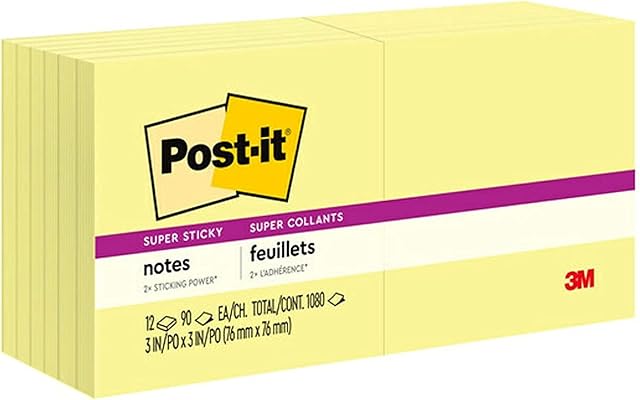 Post-it Super Sticky Notes Canary Yellow, Pack of 12 Pads, 90 Sheets per Pad, 76 mm x 76 mm, Yellow Color - Extra Sticky Notes For Note Taking, To Do Lists & Reminders