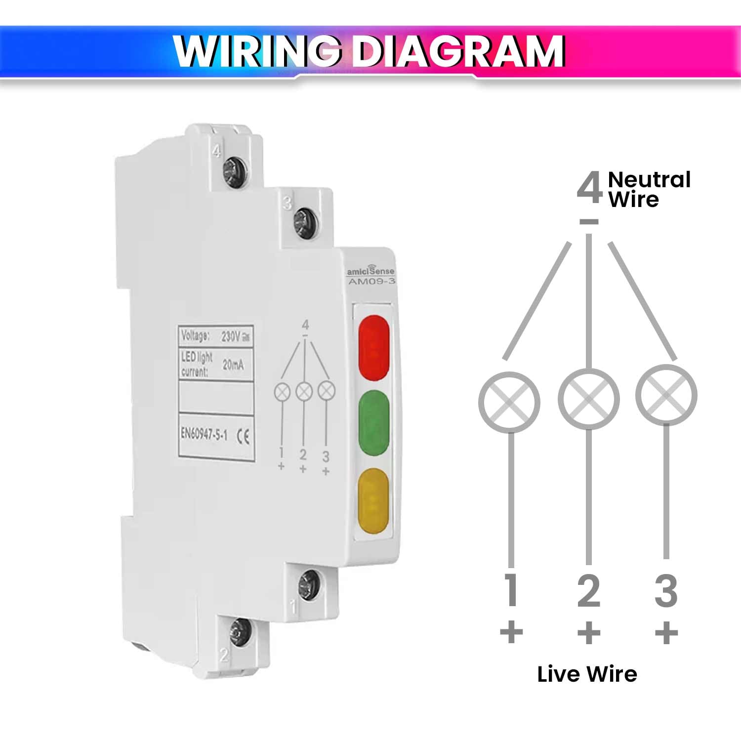 amiciSense 3-Phase Indicator with Red, Green, and Yellow LED Lights – Only 1 cm Wide Reliable Phase Detection for 230VAC Systems, Din Rail Mount Panel Indicator - Image 5 thumbnail