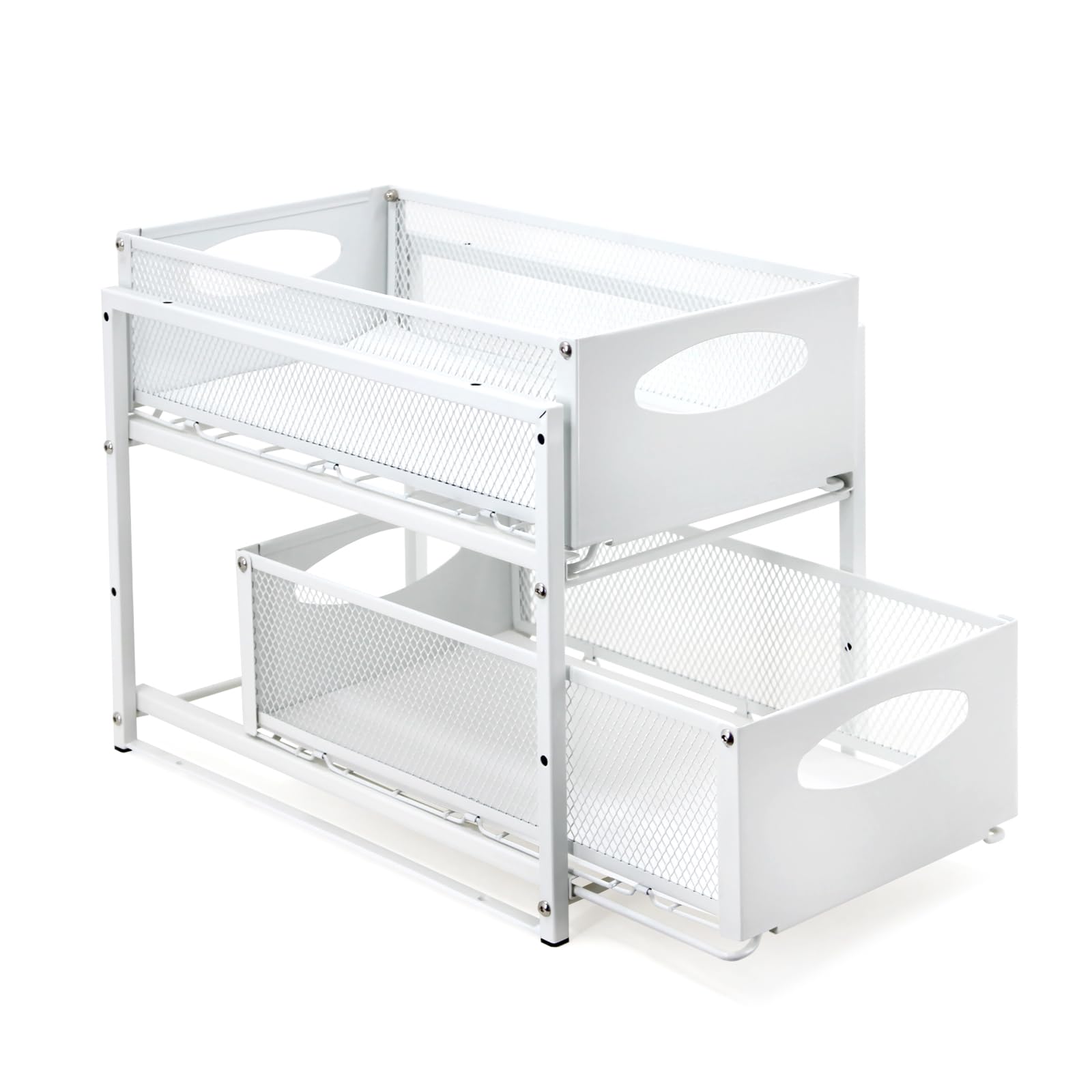 Adjustable Height Under Sink Organizers and Storage,2-Tie Under Sink Cabinets Organizer with Sliding Storage,Pull Out Under Sink Organizer,Multi-Purpose Bathroom Storage Carbon Steel Organizer, White