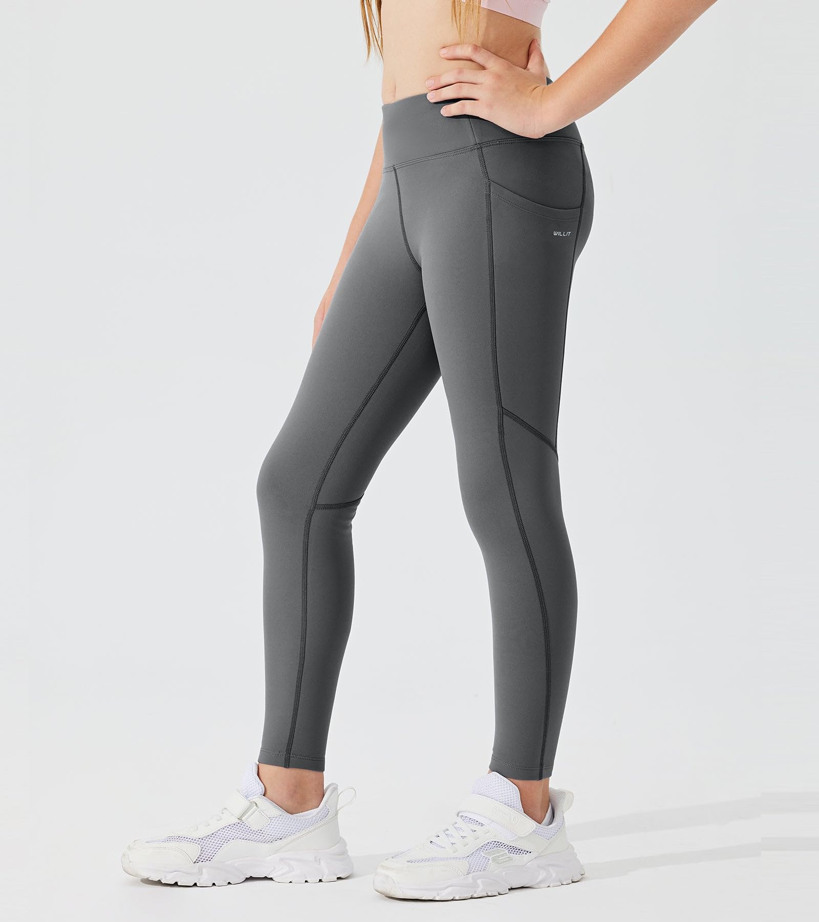 Willit Leggings con forro polar para niñas con bolsillos, resistentes al agua, mallas térmicas