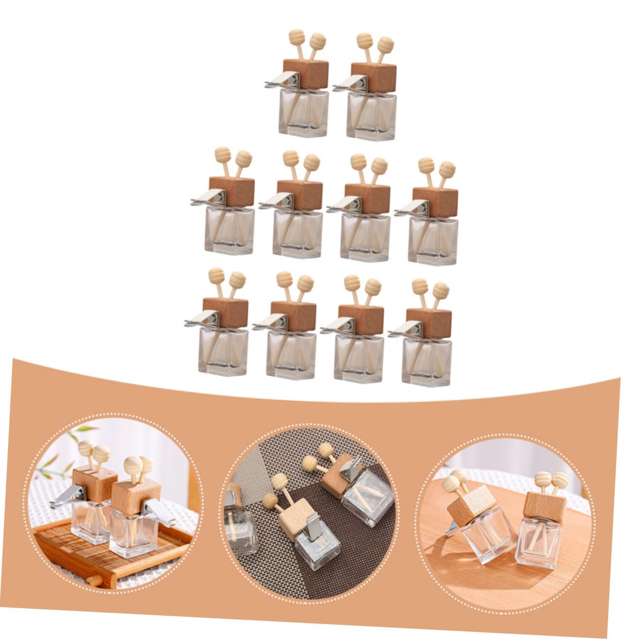 10 pezzi Bottiglie Diffusori Profumo Auto in Vetro con Tappo in Legno e Clip per Bocchette d Aria Decorazione Elegante per Aromaterapia e Oli Essenziali Freschezza Continuativa