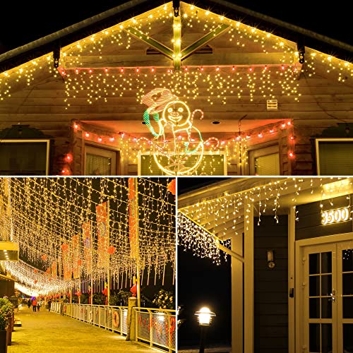mimigogo 300 LED Solar Icicle Lights Outdoor with Remote Control, 33ft 8 Modes Curtain String Lights with 50 Drops, Christmas Holiday Wedding Party Decorations, Warm White