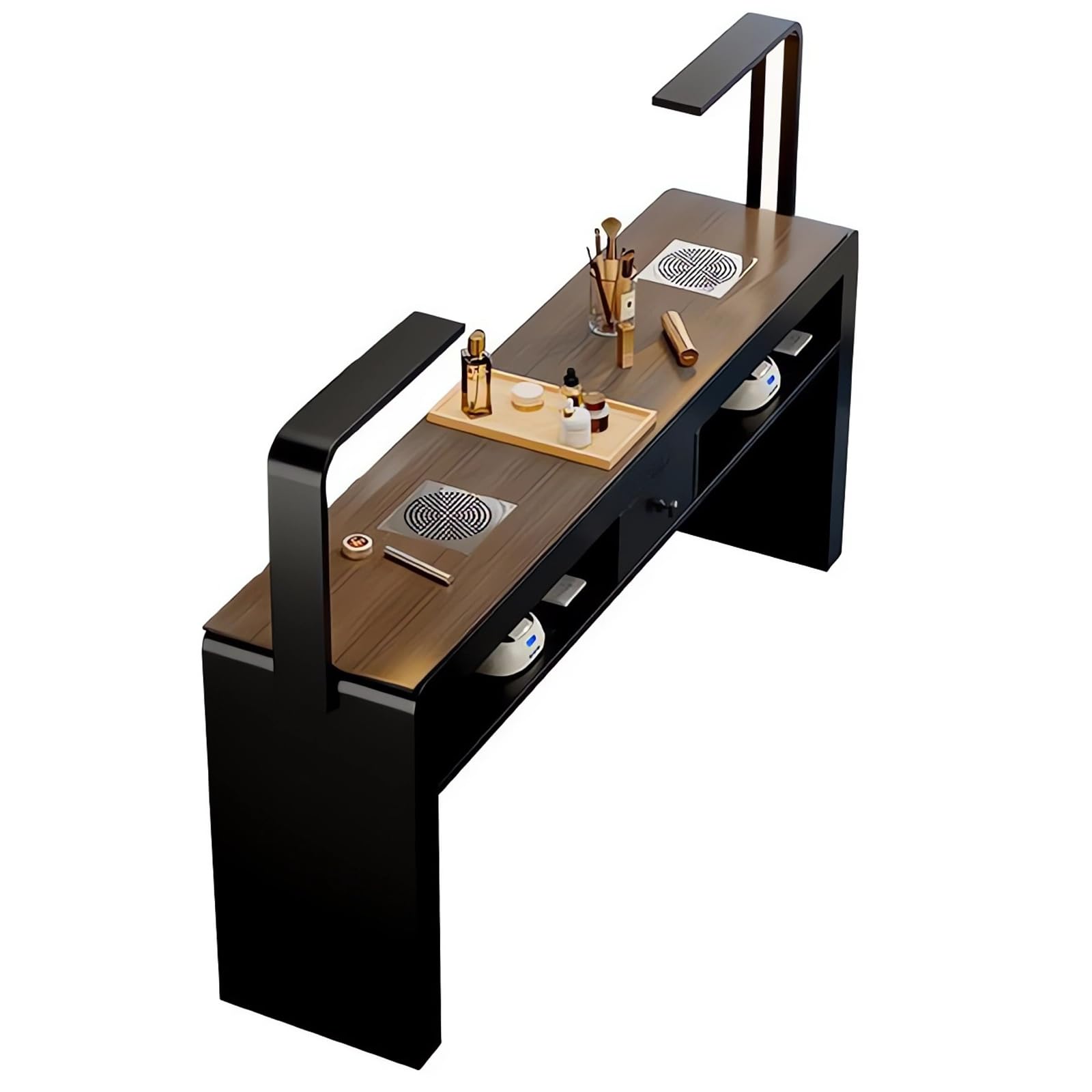 Postazione di lavoro ergonomica per manicure nera con struttura in compensato di legno massello, illuminazione a LED integrata e sistema di aspirazione della polvere, scrivania da salone curva