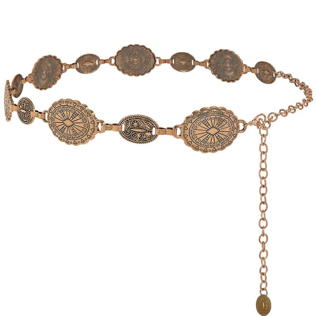 GODFLY Waist Chain for Women for Saree Gold Metal Concho Waist Belt Stylish Boho Western Hip Belt Fashion Adjustable Cowgirl Jewellery Chain Belts for Dresses, Jeans, Skirts, Beach Outfits (1 pcs)-picture-35