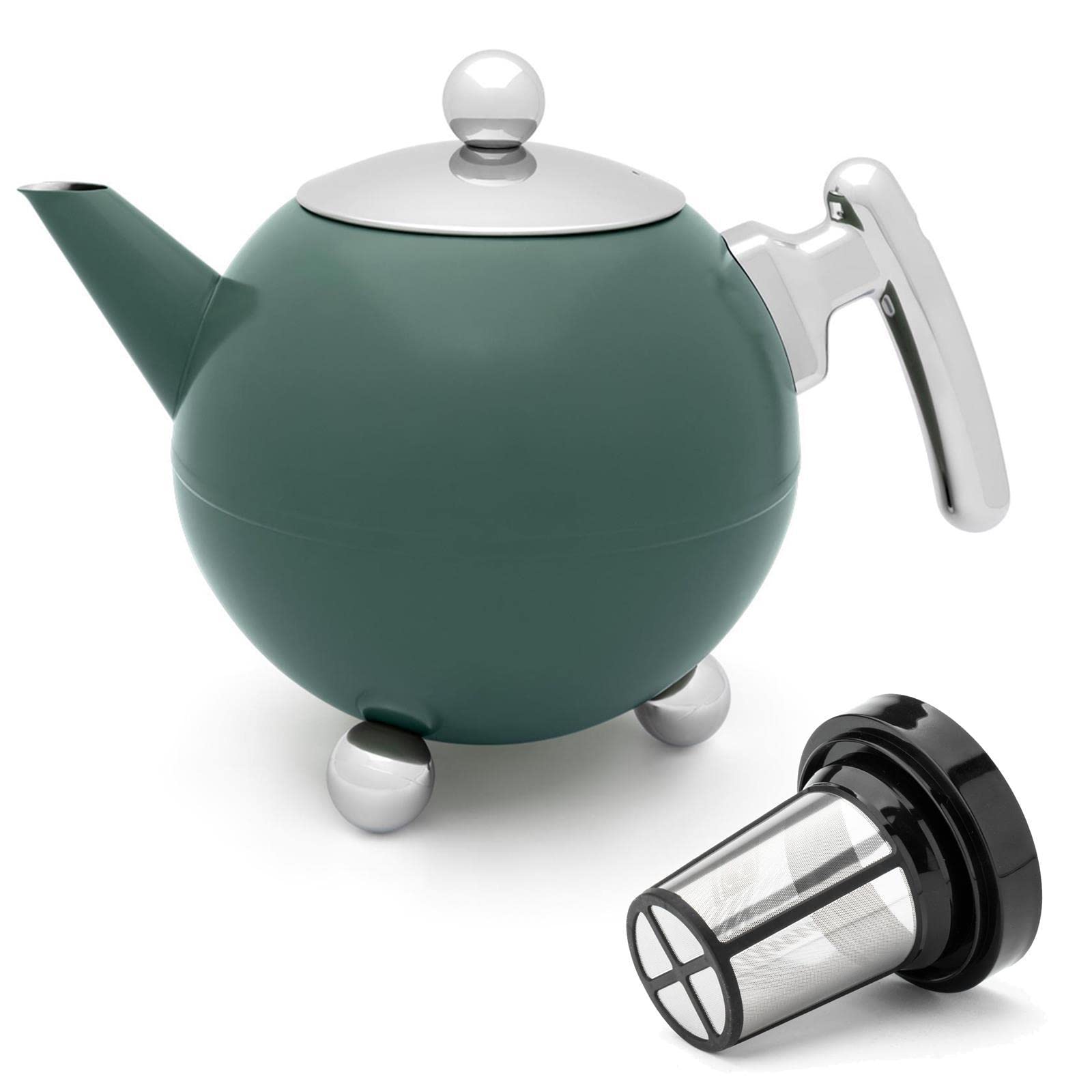 Bredemeijer große doppelwandige Teekanne 1.2 Liter - grüne Edelstahl Kanne & Tee-Filter-Sieb-Aufsatz - ideal für losen Tee