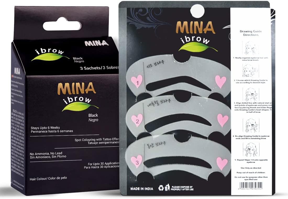 MinaiBrowMINA ibrow Henna Coloring Kit & Regular Pack Black with hairs Stencils-Combo Pack