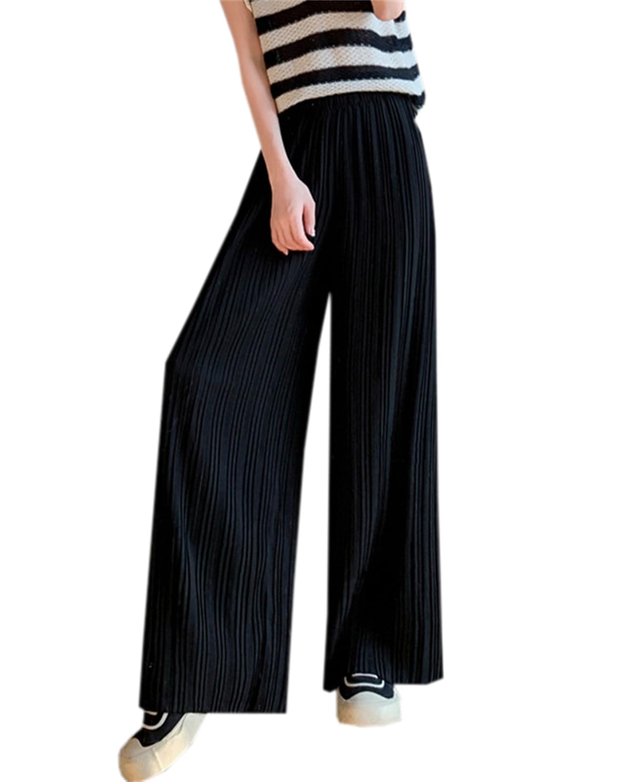 Betusline Womens Elastic Waist Pleated Chiffon Wide Leg Pants