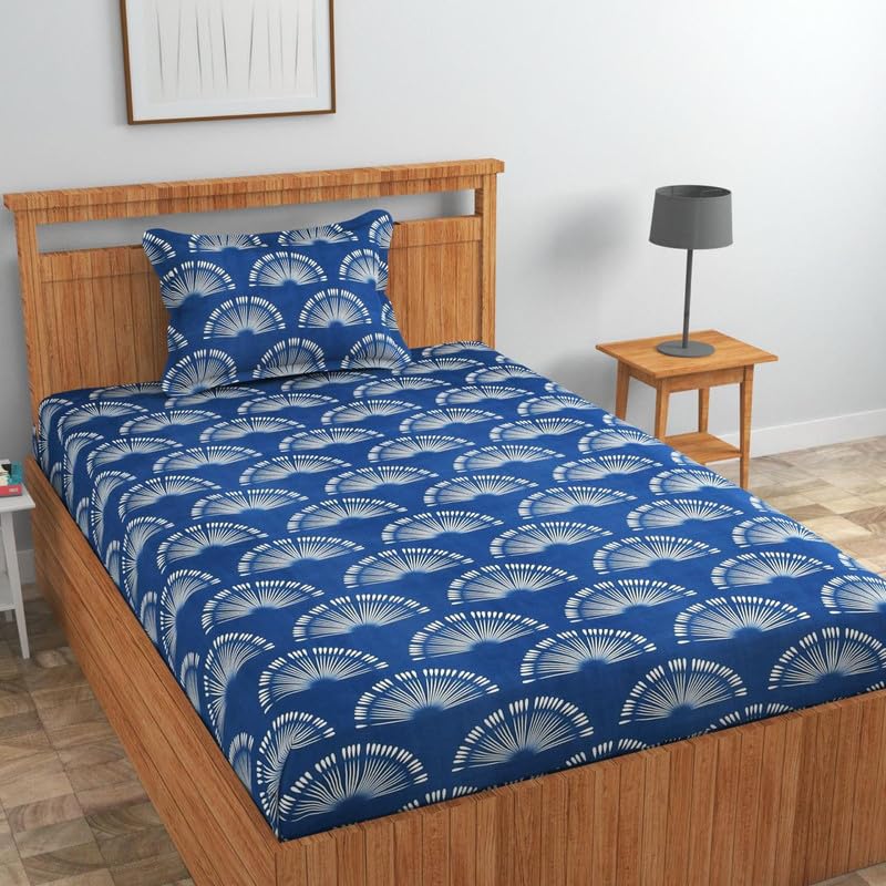 Image of Cotton 210 tc Flat Single | Diwan | Single Mattress Coat Bed Bedsheets for Summer Winter Breathable | Wrinkle Free (Size-60 X 90 Inch) with 1 Pillow Cover 60 x 90 Inches, Floral, Blue