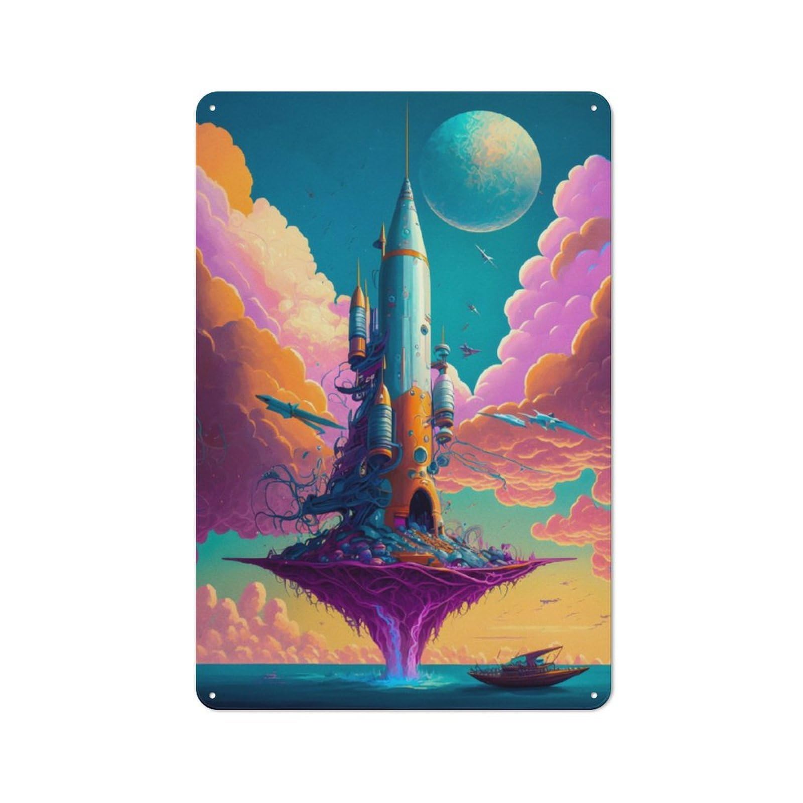 Junmoney Amazing Rocket The Sea Retro Tin Sign 30X20cm For Lounge Or Reading Corner, For Home Wall Decor Collectors