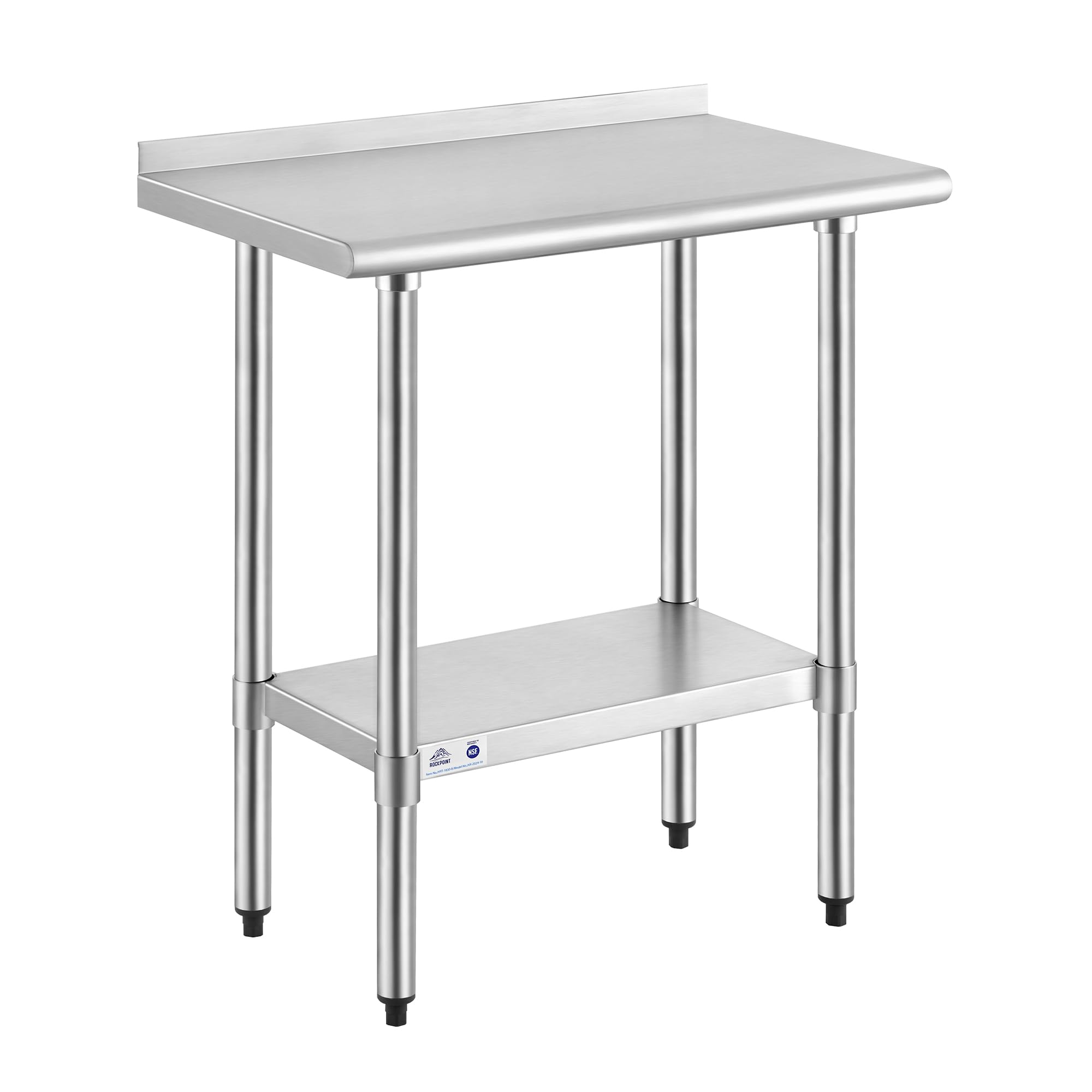 ROCKPOINT Stainless Steel Table for Prep & Work with Backsplash 18x30 Inches, NSF Metal Commercial Kitchen Heavy Duty Table with Adjustable Under