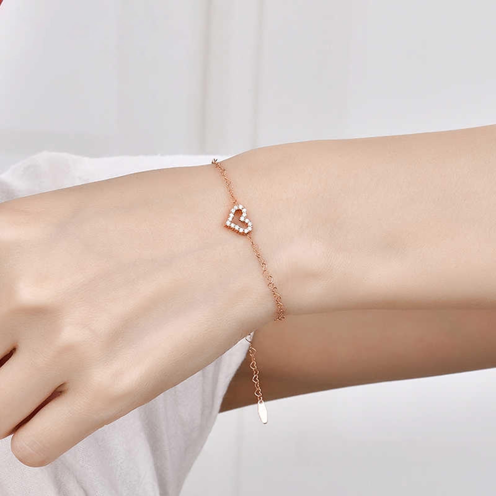Pulseras de oro rosa para mujer, con forma de corazón, diamantes de 0,14 quilates, pulsera de corazón para mujer