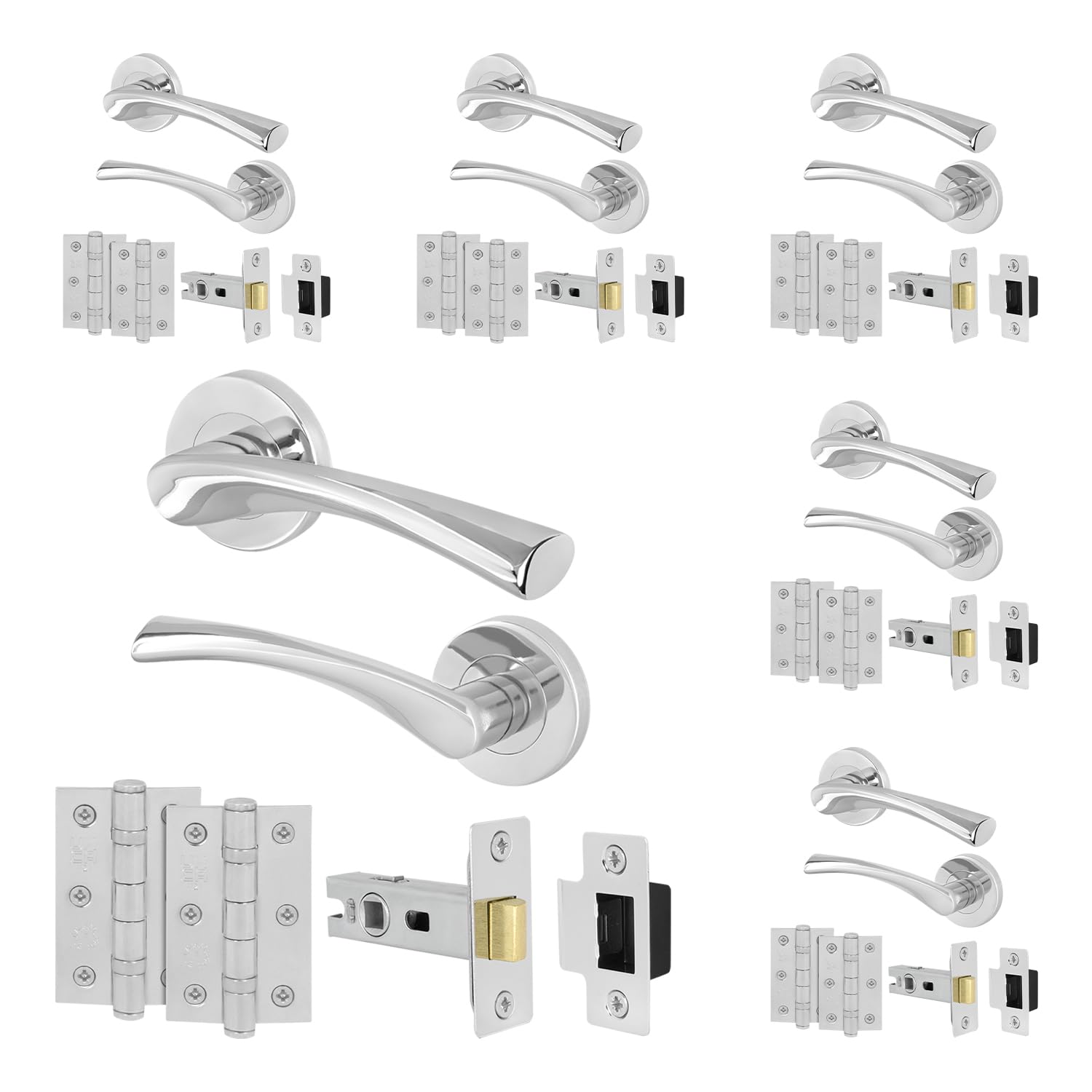 EAI Chrome Door Handle Latch Set - Pack of 6 | Round Internal Door Handles, Latch (64mm), Hinges (76mm) | Polished Chrome Lever On Rose | Novoli Range