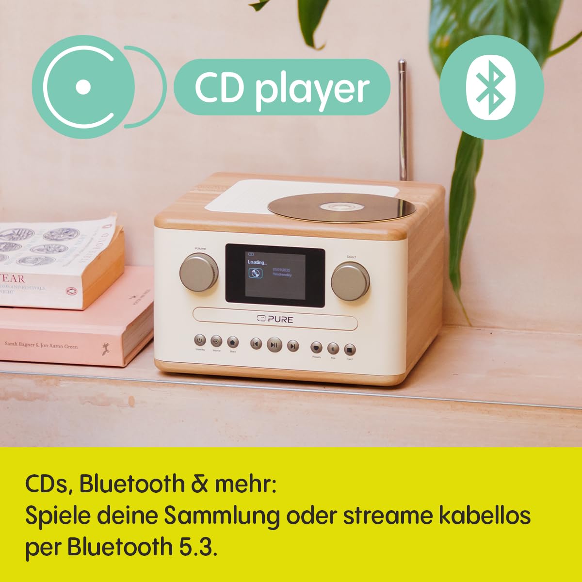 Pure Classic C-D4 – DAB+ & UKW Radio mit CD-Player, Netzbetrieb, Bluetooth 5.3, USB & AUX, Farbdisplay, 15 Watt Lautsprecher, Dual-Wecker, Fernbedienung – Cotton White/Oak