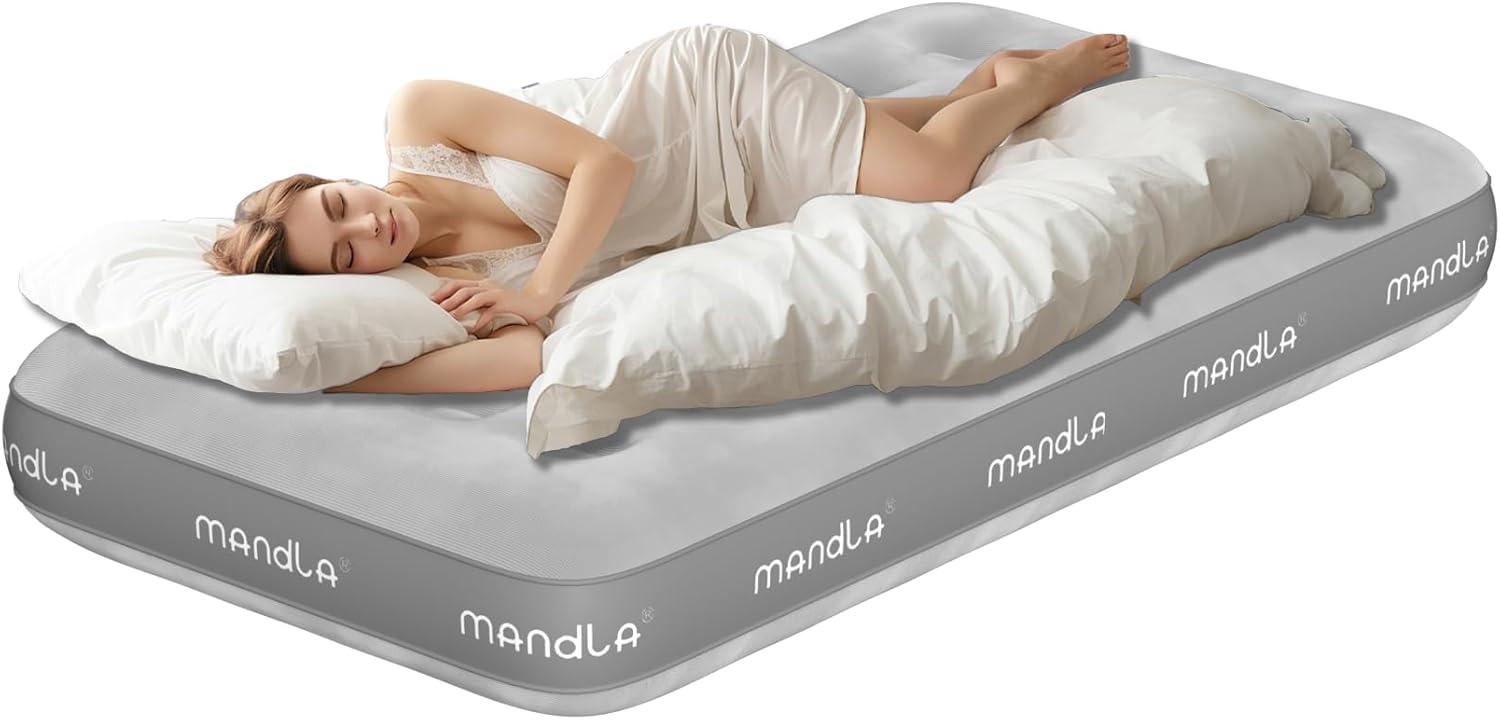 Air Mattress with Electric Pump, Inflatable Blow Up Mattress, Luxury Air Bed,600lb Weight Capacity Sleeping pad,Raised Fiber-Tech Airbed with Carry Bag for Home, Guests, Camping(Grey, Twin)