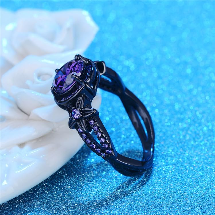 Black Gold Plated Antique Women's Flower Ring Retro Oxidized Finished Round Cut Created Amethyst CZ Cubic Zirconia Filled Engagement Promise Wedding Vintage Band for Mom Lover 7#4