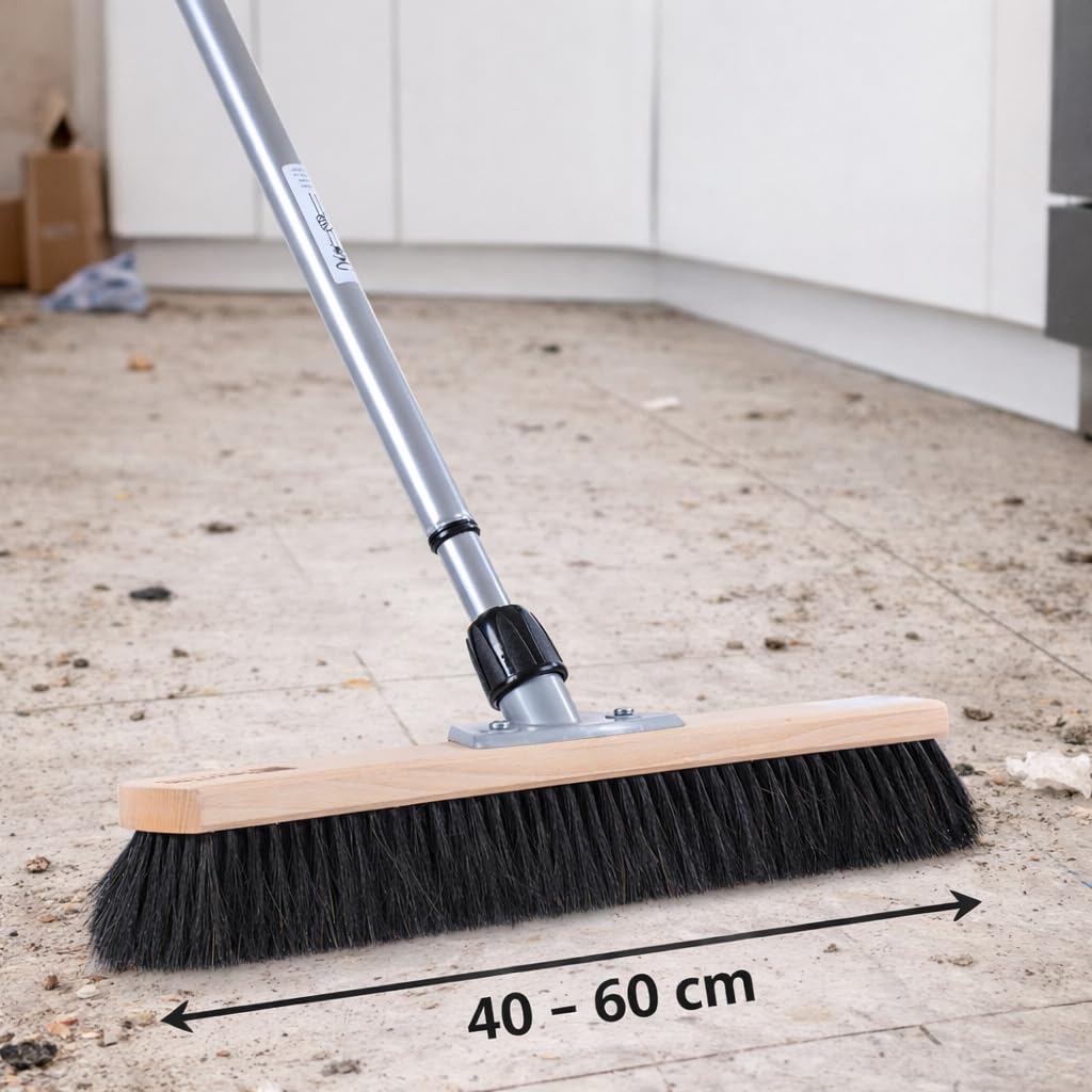 Weicher Rosshaar Saalbesen 50cm Breit mit Teleskopstiel Stiel Besen | Naturhaar, Metallstiel verstellbar max. 200cm, Sehr weiche Borsten, Sehr gute Staubbindung, Für glatte Böden