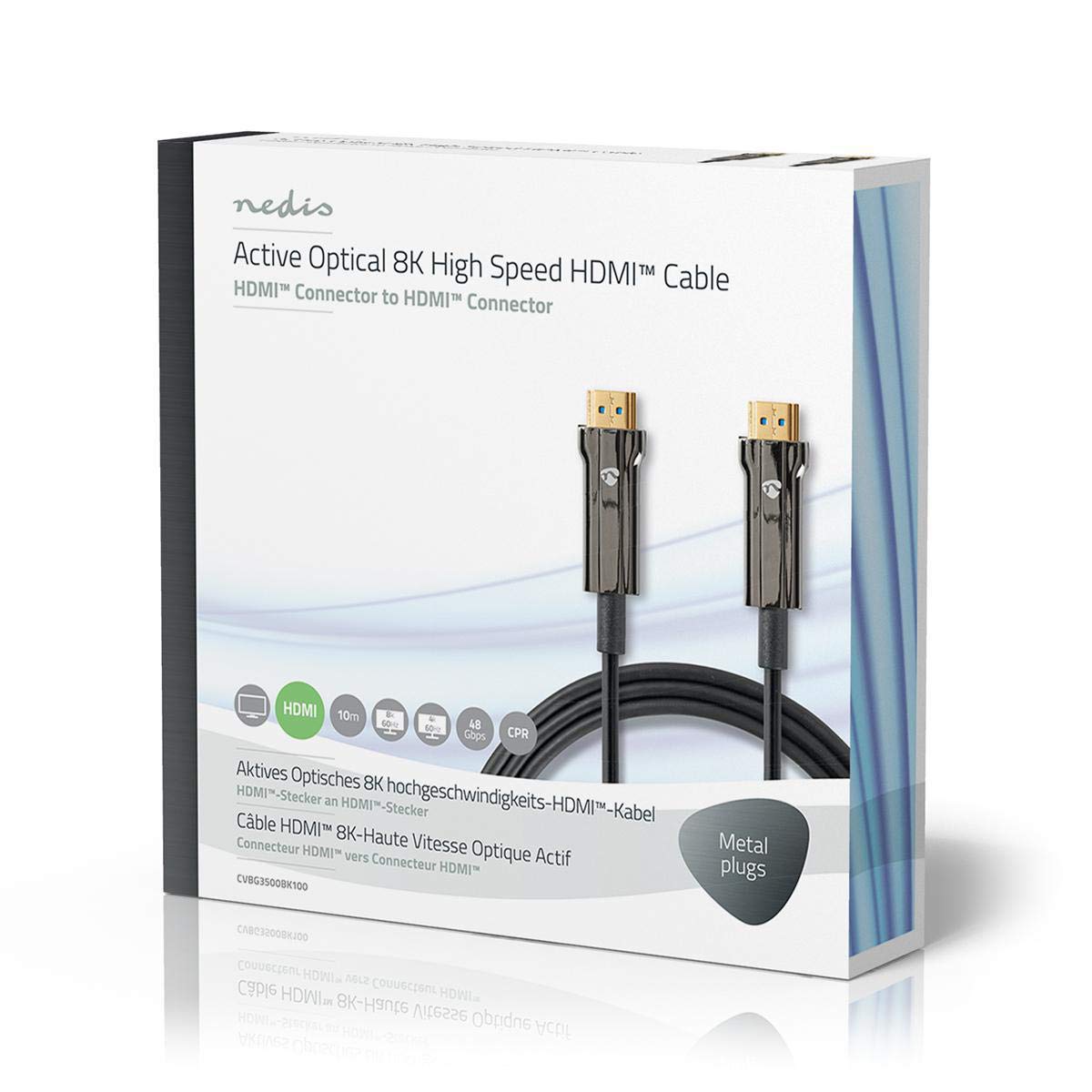 NEDIS Cable de fibra óptica HDMI AOC de 10 m 8 K de 10 m, cable HDMI 2.1 de 48 Gbps de ultra alta velocidad, en pared, compatible con 8K a 60 Hz, 4K a 120 Hz/144 Hz Dynamic HDR eARC HDCP CEC Dolby