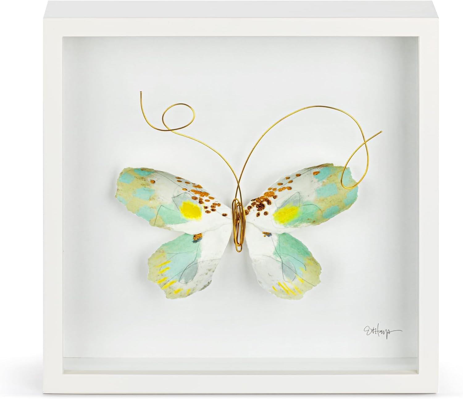 DEMDACO Wall or Tabletop Shadow Box, Everyday Home Décor, 10 Inch Wood and Glass, Green and White Butterfly