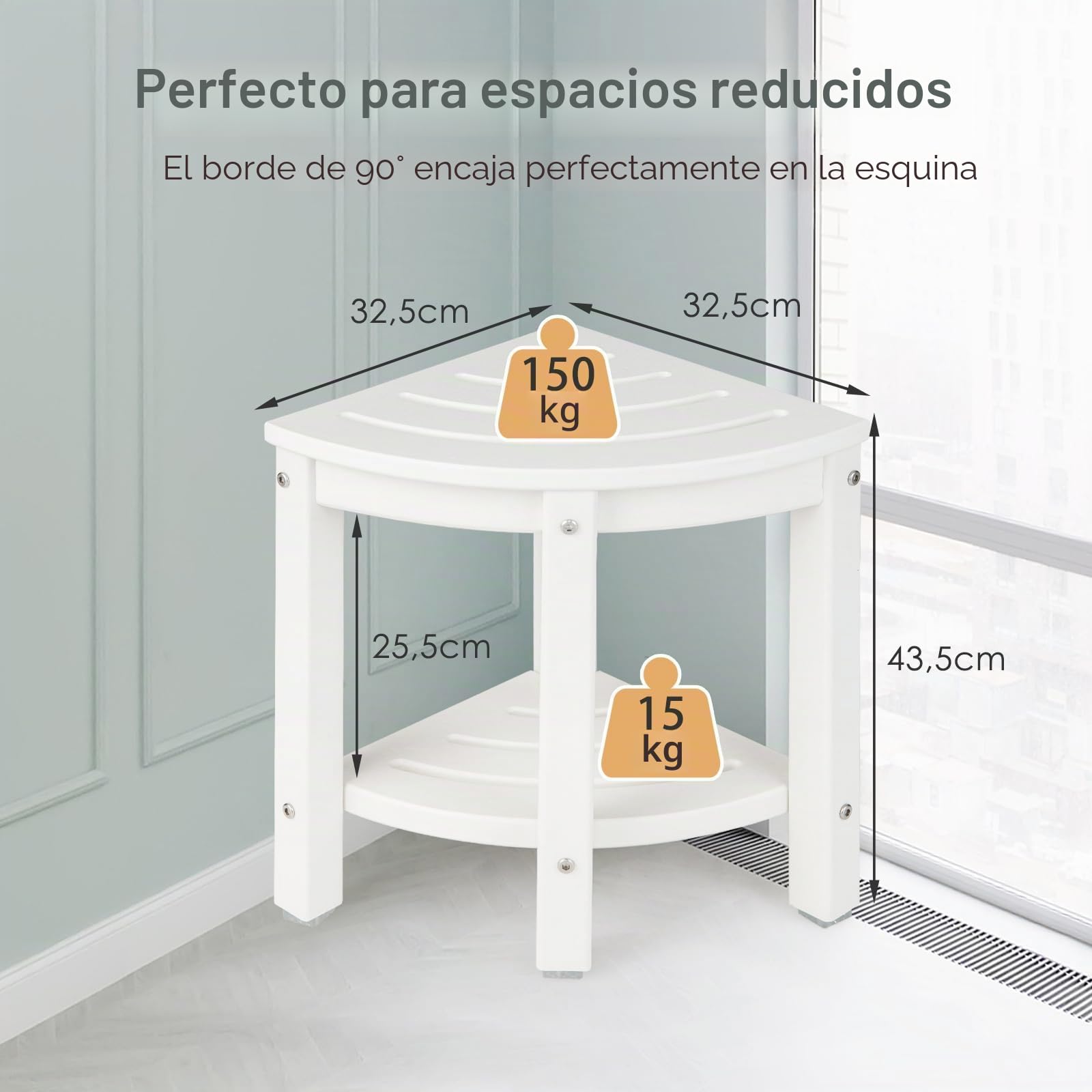 RELAX4LIFE Banco de Ducha Esquinero de 2 Niveles, Taburete de Ducha de HDPE con Estante, Reposapiés de Baño para Espacios Pequeños, Taburete de Ducha Impermeable, Carga 150 kg (Blanco)