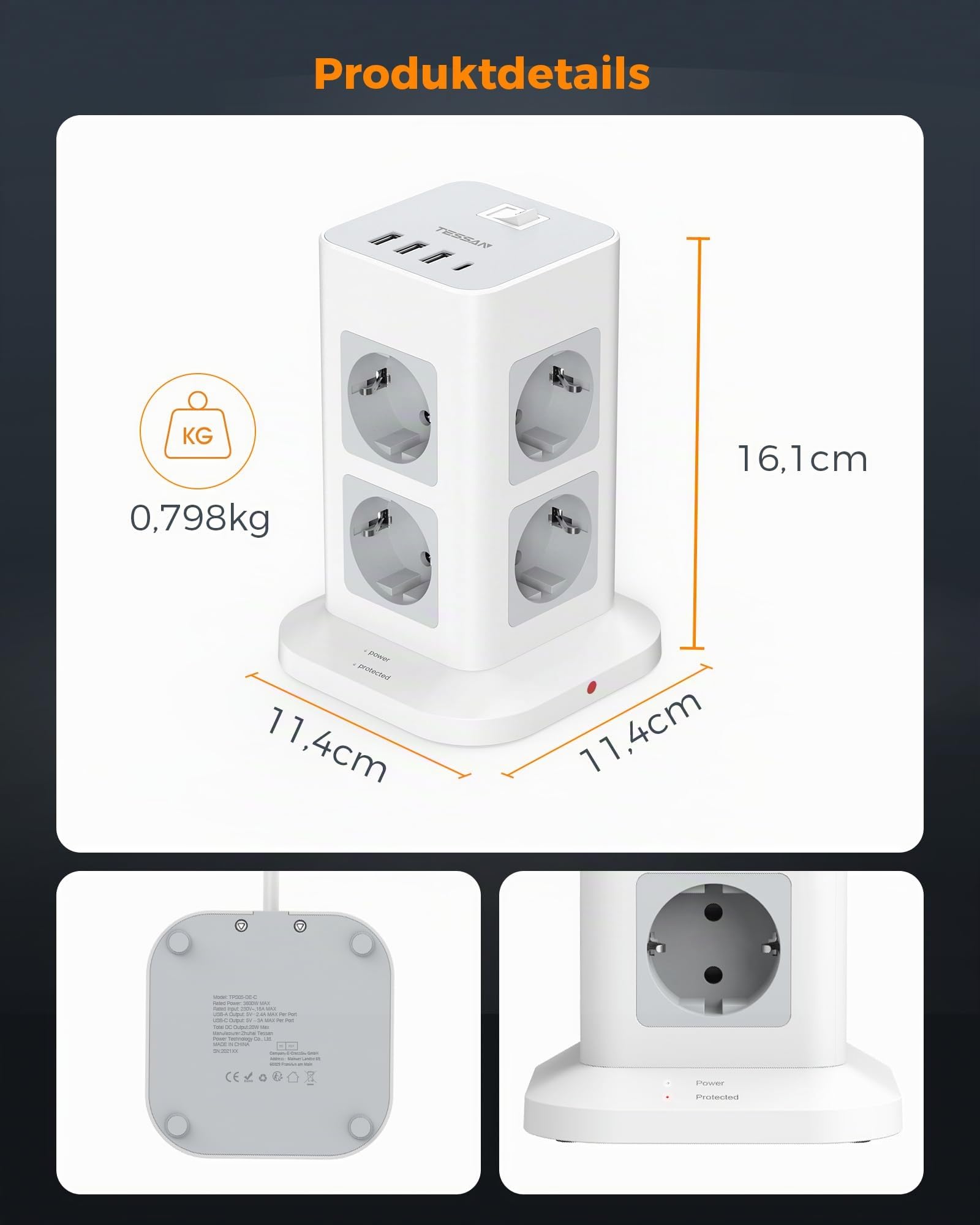 TESSAN 8 Fach Mehrfachsteckdose mit USB C, Verlängerungskabel 5M mit 4 USB und Steckdosenleiste Überspannungsschutz, 3600W Steckdosenturm mit Schalter, Steckdosenwürfel für Büro, Grau