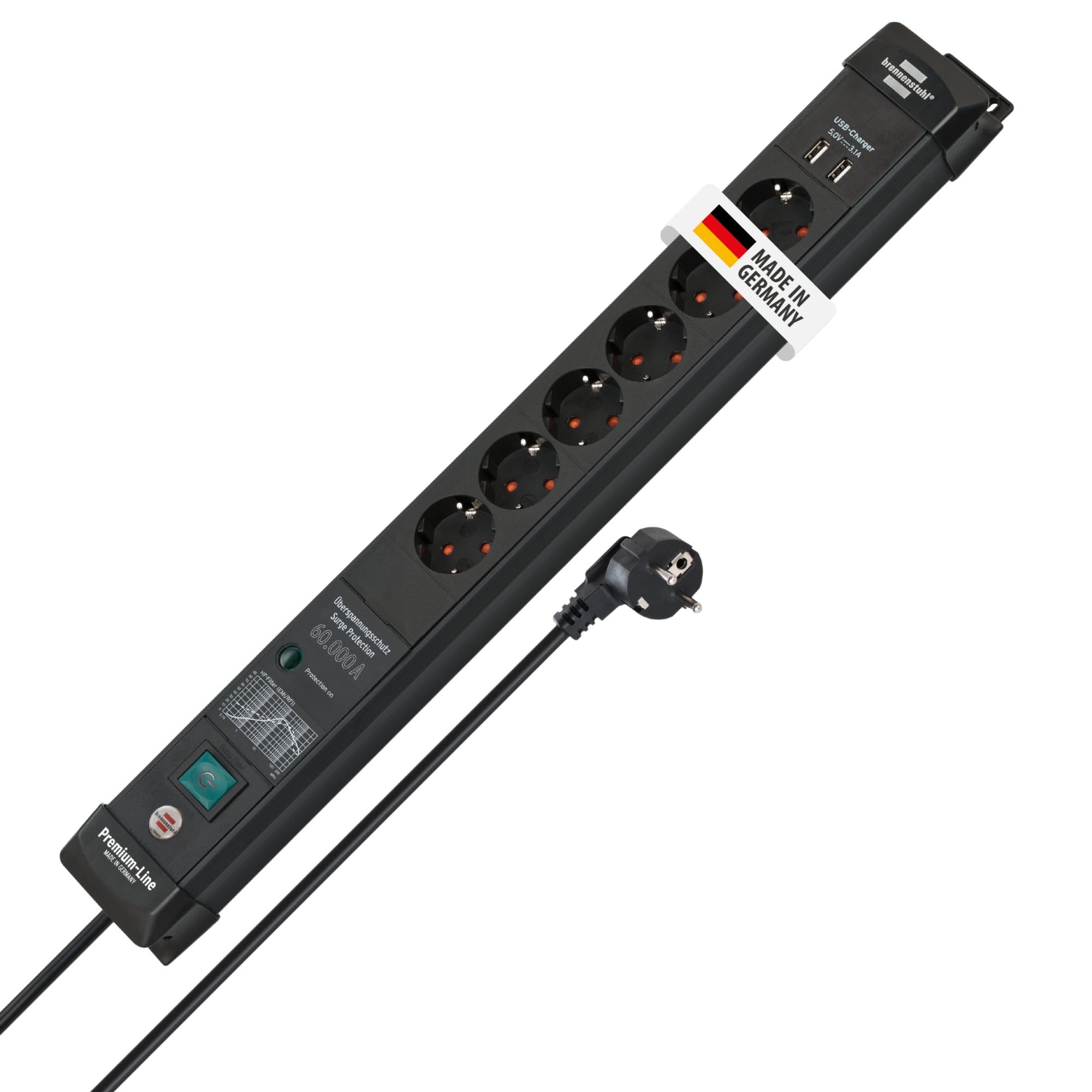 Brennenstuhl Premium-Line regleta enchufes de 6 Tomas con protección contra sobretensiones hasta 60.000A (Cable de 3m, 2X Cargador USB 3.10A, montable, Fabricado en Alemania) Negro