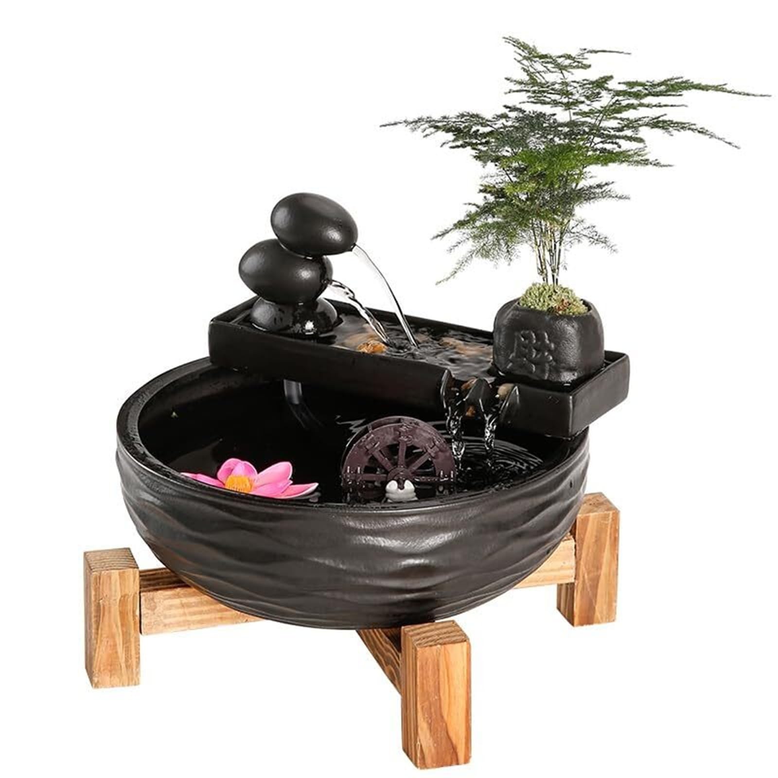 Fuente decorativa de jardín, fuente de agua con cascada, de cerámica, diseño de bambú, con iluminación LED, función humidificadora, bomba de agua, Feng Shui Zen, decoración para salón, oficina, jardín