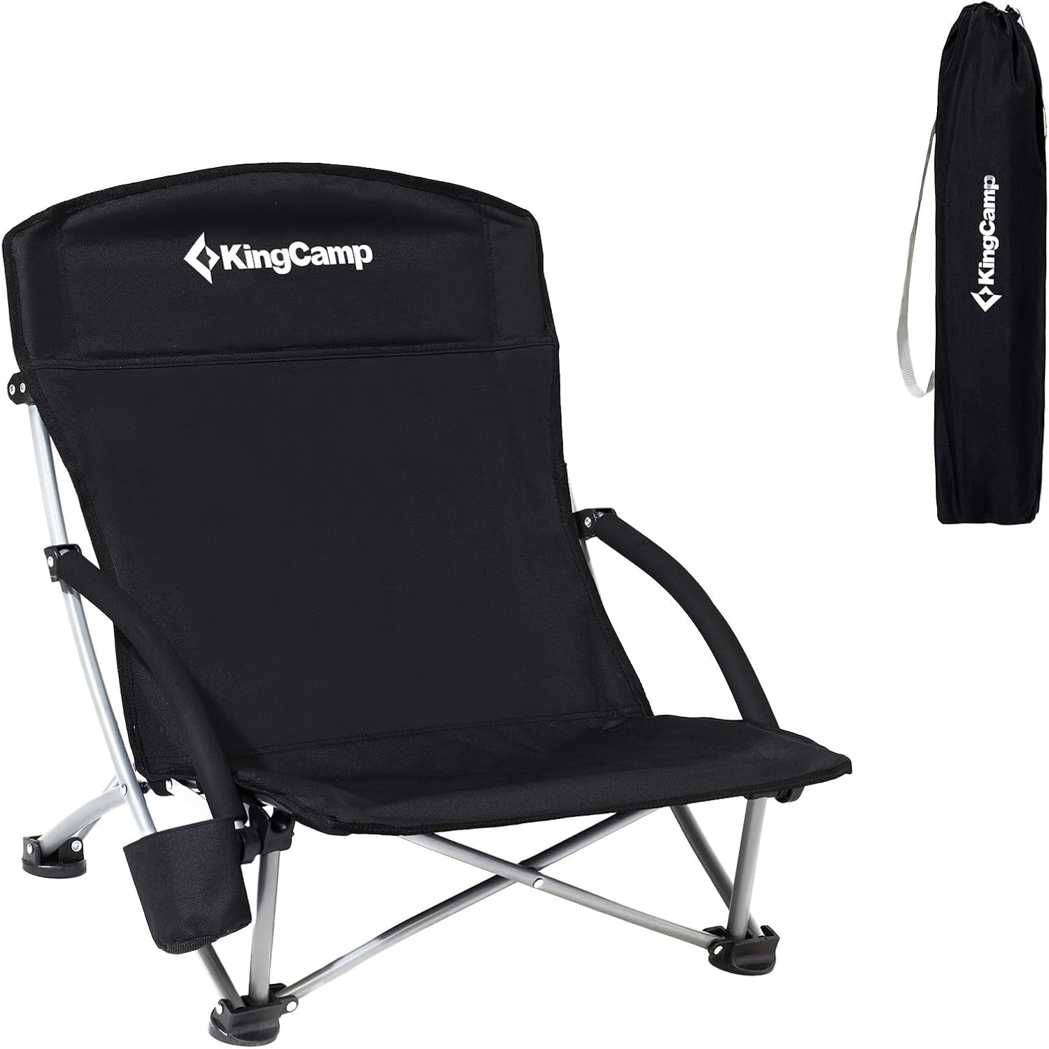 KingCamp Low Beach Chair Folding Portable Lightweight Backpack Chair for Adults with Cup Holder Pocket Carry Bag for Outdoor (Black-low Back)